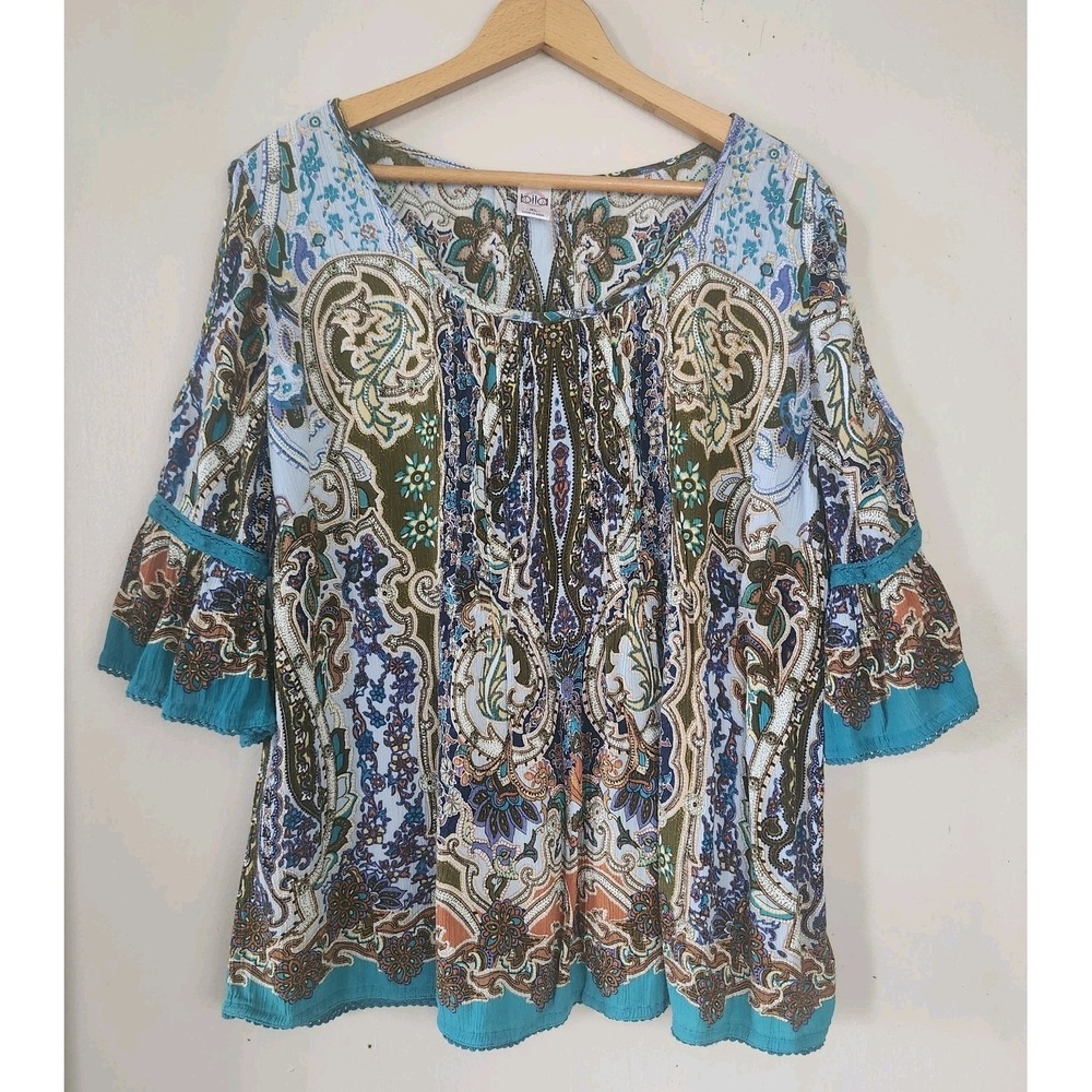 Bila Boho Floral Paisley Peasant Top Multi XL 3/4 Bell Sleeves Cold Shoulder